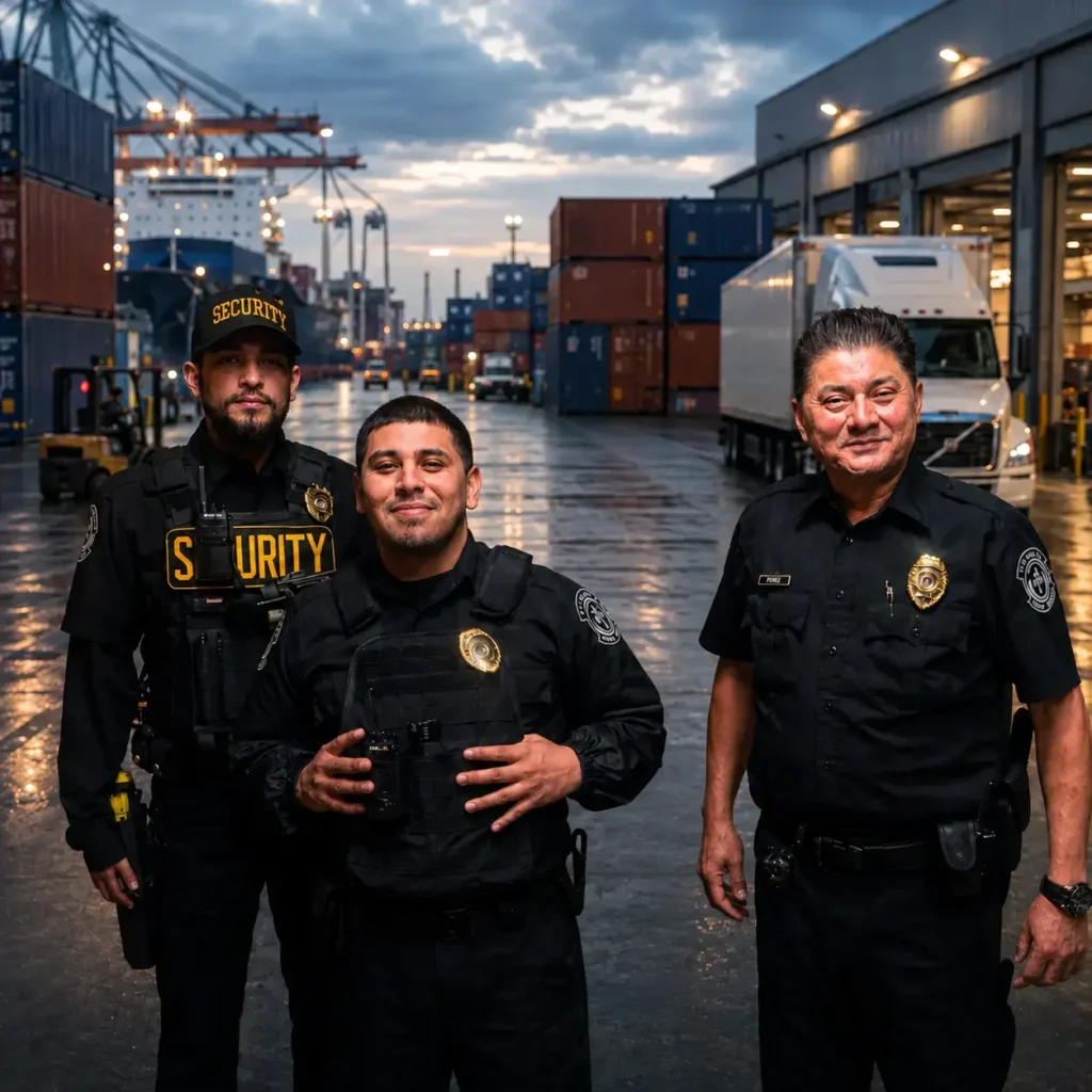 IRIS Protection Services security team standing in front of a busy logistics and supply chain hub with cargo containers, warehouse loading docks, trucks, and port operations in Los Angeles.