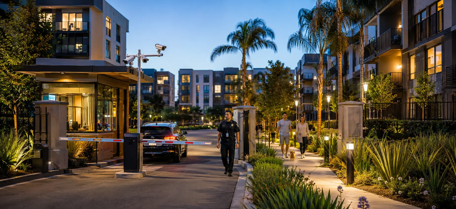 Professional security officer patrolling a gated luxury apartment and condominium community in Los Angeles with controlled access gates, CCTV surveillance, landscaped walkways, modern lighting, and residents enjoying a safe environment.