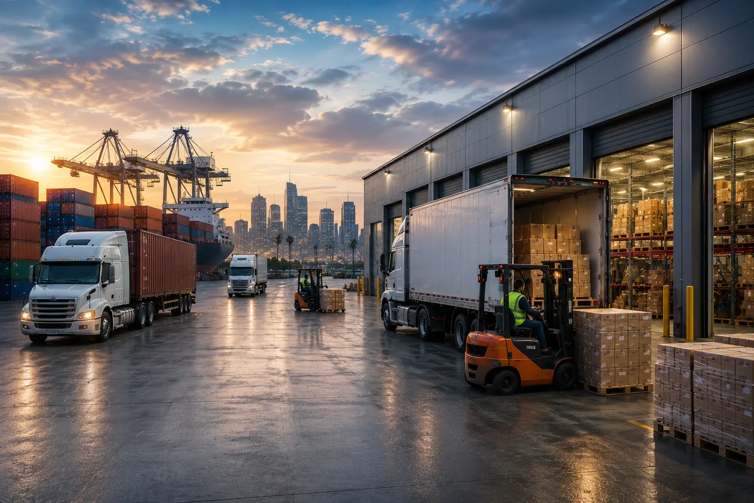 Modern warehouse and logistics distribution center with loading docks, cargo trucks, forklifts, shipping containers, and port cranes at sunset in Los Angeles, representing secure supply chain operations.